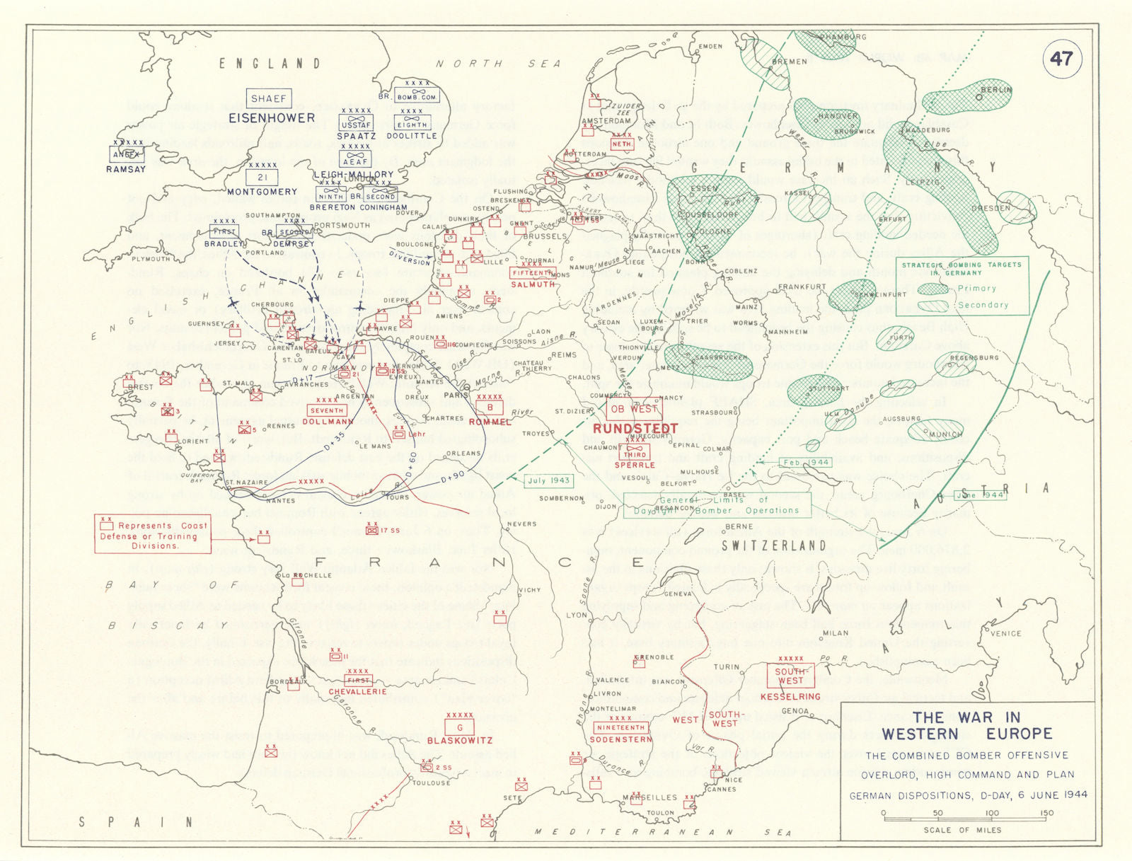 World War 2. Western Europe 6 June 1944. Bomber Offensive/Overlord plan 1959 map